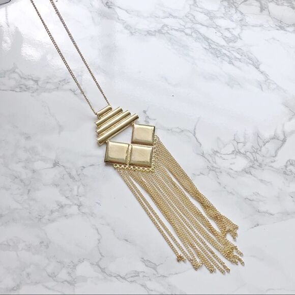 Jewelry - 2/$30 Gold Tassel Dangle Long Diamond Shape Geo Art Deco Pendant Necklace